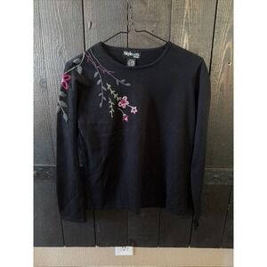 Style & Co Petite Women's Embroidered Sweater Pullover Black Cotton Blend Size S